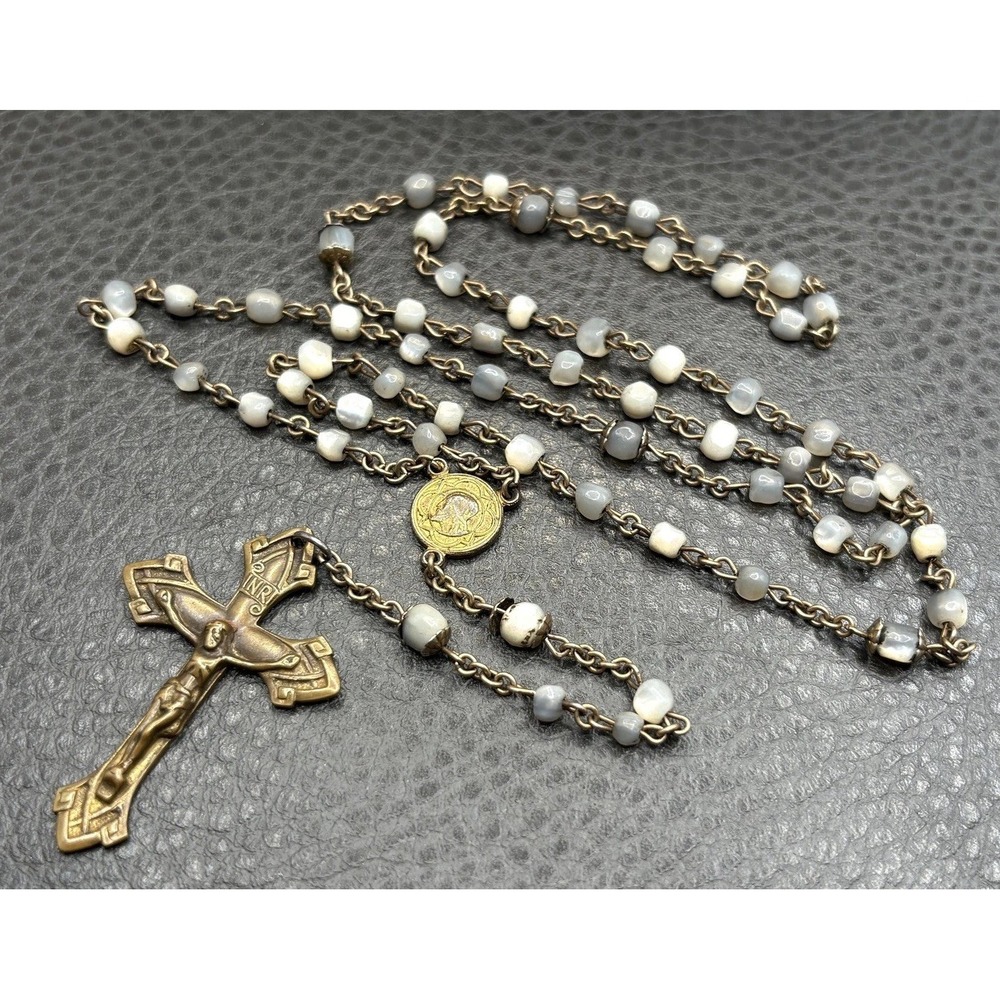 Vintage Brass Mother of Pearl Catholic Rosary Necklace Crucifix Medal Unique 26"